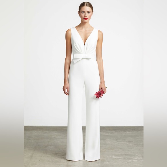Frascara Pants - Frascara 3622 Wide Leg White Sleeveless Jumpsuit V Neck